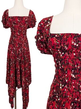 Red Asymmetrical Floral Dress Size XXL Boho Milkmaid Puff Sleeve